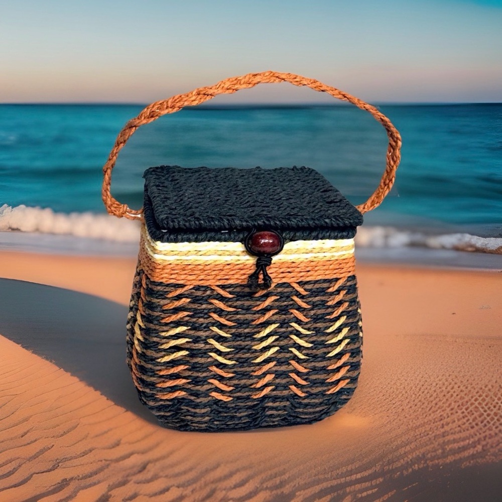 Handwoven Bamboo Tea Basket Multi-Color Earth Tone Attached Lid With Handle